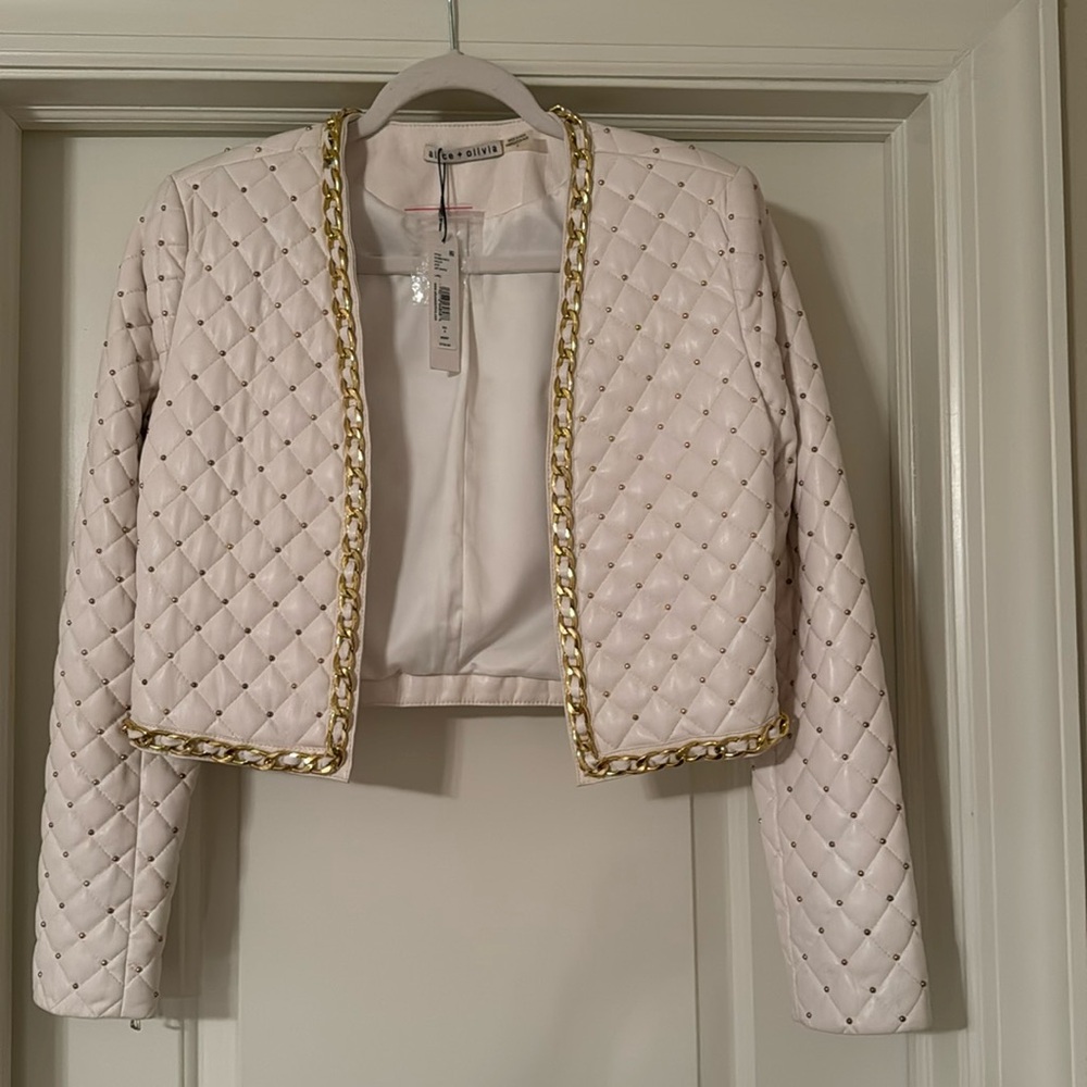 Alice & Olivia off white vegan leather jacket